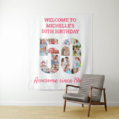 50歳の誕生日パーティー ピンクの写真コラージュ背景 タペストリー (インサイチュ)