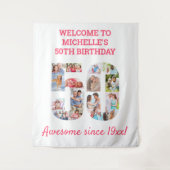 50歳の誕生日パーティー ピンクの写真コラージュ背景 タペストリー (正面)