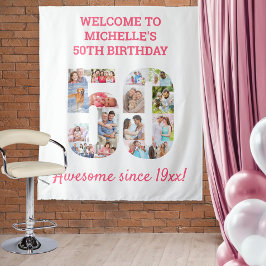 50歳の誕生日パーティー ピンクの写真コラージュ背景 タペストリー