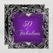 50歳の誕生日パーティー ブラック シルバー ディープパープル 招待状 (正面/裏面)