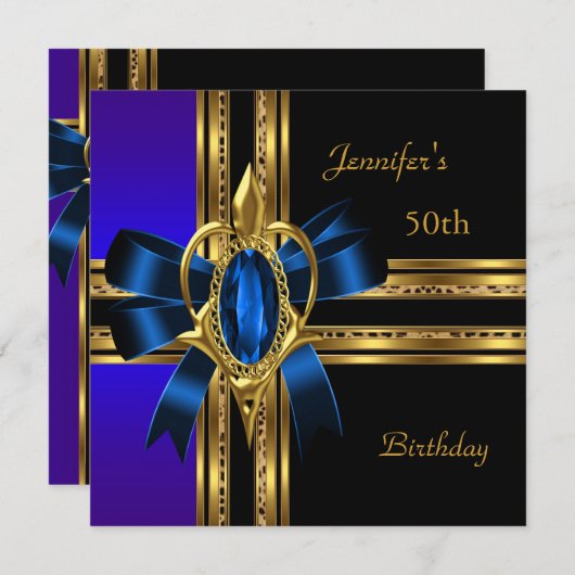 50歳の誕生日パーティー ブルー ゴールド ハート ジュエル 招待状 (正面/裏面)