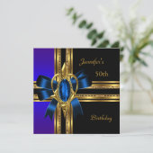 50歳の誕生日パーティー ブルー ゴールド ハート ジュエル 招待状 (スタンド正面)