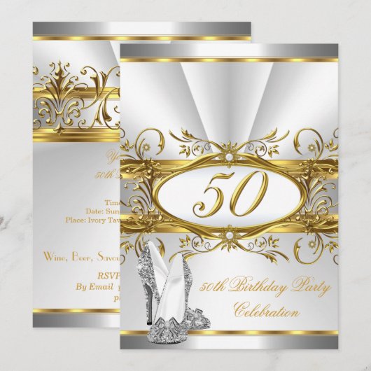 50歳の誕生日パーティー ホワイト ゴールド シルバー ヒール 招待状 (正面/裏面)
