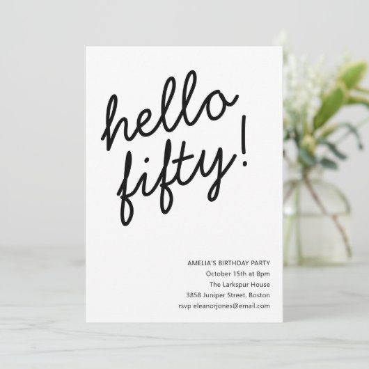 50歳の誕生日パーティー モダンスクリプト タイポグラフィ 招待状 (スタンド正面)