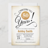 50歳の誕生日パーティー - レトロゴールド ブラック ホワイト 招待状 (正面)