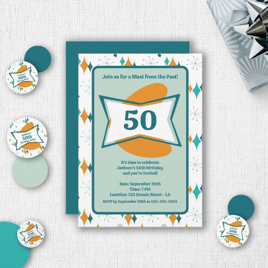 50歳の誕生日パーティー レトロミッドセンチュリー 何歳でも 招待状