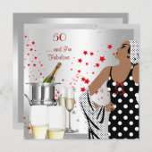 50歳の誕生日パーティー レトロ ディーバ アートデコ 赤 シルバー 招待状 (正面/裏面)