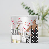 50歳の誕生日パーティー レトロ ディーバ アートデコ 赤 シルバー 招待状 (スタンド正面)