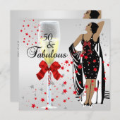 50歳の誕生日パーティー レトロ ディーバ アートデコ 赤 白 招待状 (正面/裏面)