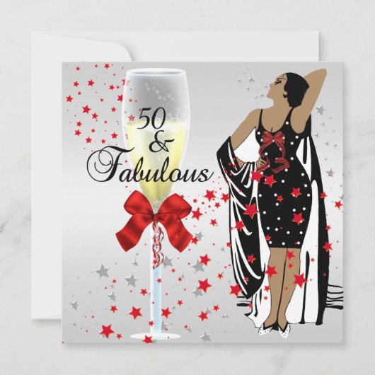 50歳の誕生日パーティー レトロ ディーバ アートデコ 赤 白 招待状 (正面)