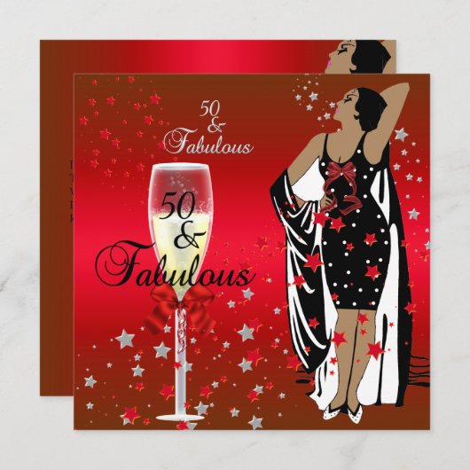 50歳の誕生日パーティー レトロ ディーバ アートデコ 赤 黒 招待状 (正面/裏面)