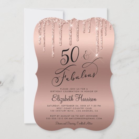 50歳の誕生日パーティー ローズゴールド グリッター 招待状 (正面)