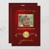 50歳の誕生日パーティー-ヴィンテージ·モノグラム·レッド&金ゴールド 招待状 (正面/裏面)