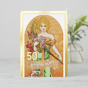 50歳の誕生日パーティー、春の女神、ヴィンテージアート 箔招待状