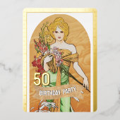 50歳の誕生日パーティー、春の女神、ヴィンテージアート 箔招待状 (正面)