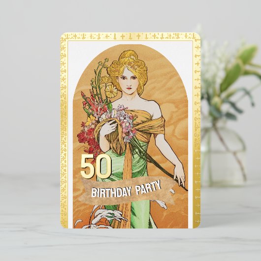 50歳の誕生日パーティー、春の女神、ヴィンテージアート 箔招待状 (立ち正面)