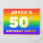50歳の誕生日パーティー:楽しい、カラフルな虹のパターン 箔招待状 (正面)