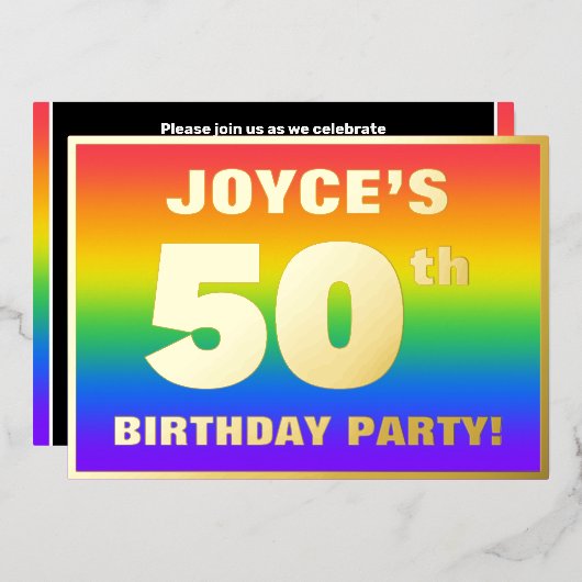 50歳の誕生日パーティー:楽しい、カラフルな虹のパターン 箔招待状 (正面/裏面)