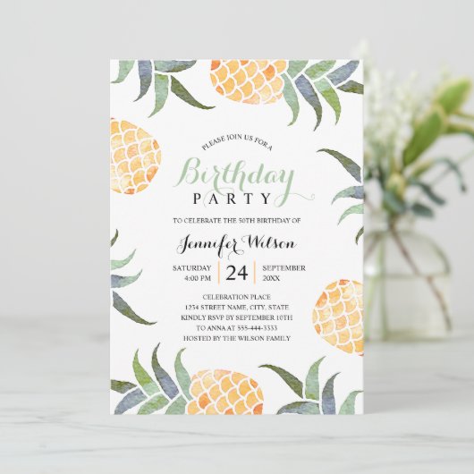 50歳の誕生日パーティー、熱帯水彩パイナップル 招待状 (スタンド正面)