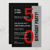 50歳の誕生日パーティー 現代的な赤 銀 黒 W1792A 招待状 (正面/裏面)