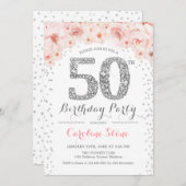 50歳の誕生日パーティー - 白 銀 ピンク 招待状 (正面/裏面)
