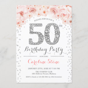 50歳の誕生日パーティー - 白 銀 ピンク 招待状