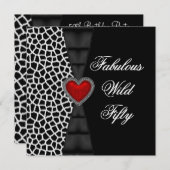 50歳の誕生日パーティー 赤いシマウマ ワイルド ブラック 4 招待状 (正面/裏面)