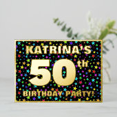 50歳の誕生日パーティー - 面白くてカラフルな星柄 箔招待状 (立ち正面)