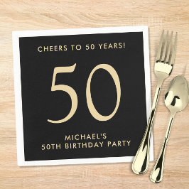 50歳の誕生日パーティー 黒とゴールドのエレガントな男性向けデザイン スタンダードカクテルナプキン