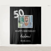 50歳の誕生日パーティー 黒の写真 名前 男 タペストリー (正面)