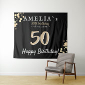 50歳の誕生日パーティー 黒 ゴールドの背景 タペストリー (インサイチュ(横))