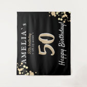 50歳の誕生日パーティー 黒 ゴールドの背景 タペストリー (正面)