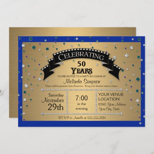 50歳の誕生日パーティ祝フェイクーの宝石紙吹雪 招待状 (正面/裏面)