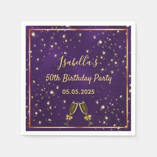 50歳の誕生日パープル・金ゴールド・バブル・モノグラム スタンダードカクテルナプキン (正面)