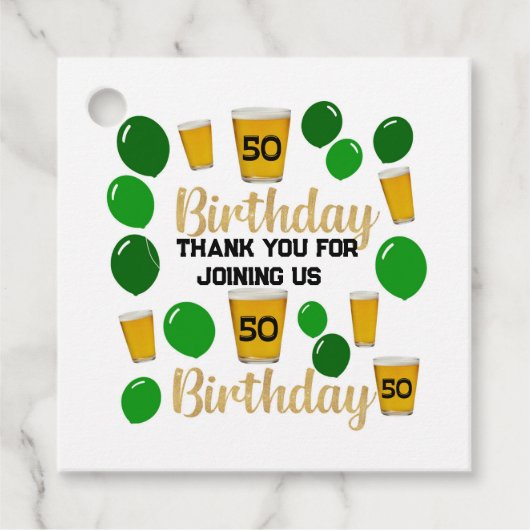 50歳の誕生日ビールと緑のバルーンメッセージカード フェイバータグ (正面)