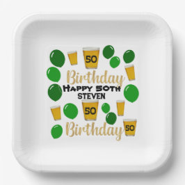 50歳の誕生日ビールと緑のバルーン紙プレート ペーパープレート