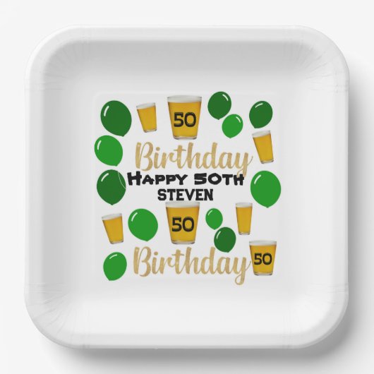 50歳の誕生日ビールと緑のバルーン紙プレート ペーパープレート (正面)