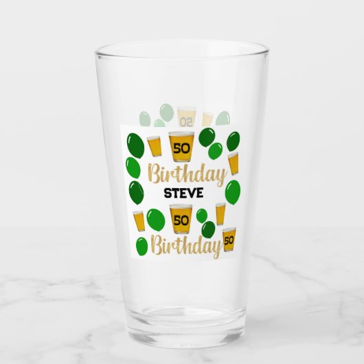 50歳の誕生日ビールと緑のバルーンGlass Cup タンブラーグラス (正面)