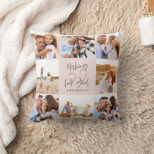 50歳の誕生日ピンクのガーリーグリッター写真コラージュ クッション (ブランケット)