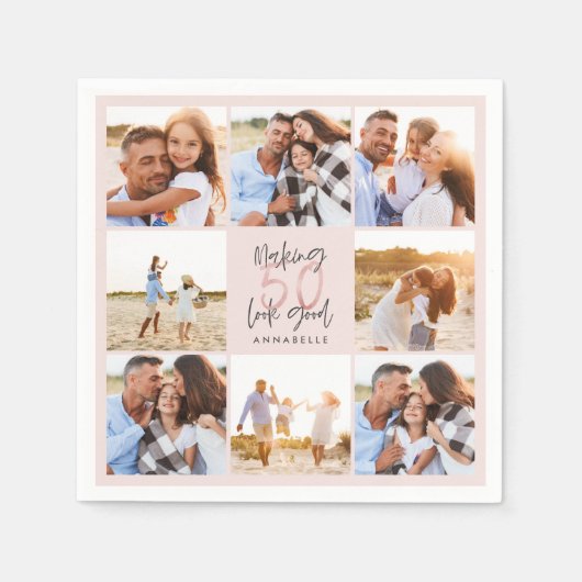 50歳の誕生日ピンクのガーリーグリッター写真コラージュ スタンダードカクテルナプキン (正面)