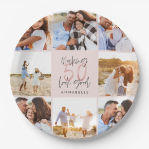 50歳の誕生日ピンクのガーリーグリッター写真コラージュ ペーパープレート