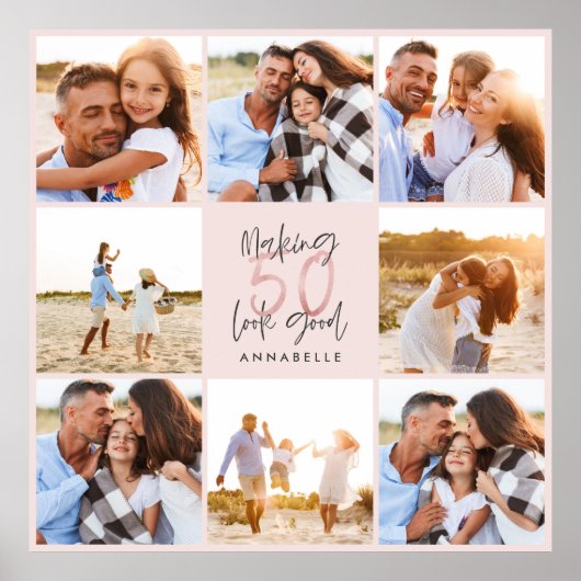 50歳の誕生日ピンクのガーリーグリッター写真コラージュ ポスター (正面)