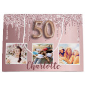 50歳の誕生日ピンクのグリッタードリップフォトモノグラム ラージペーパーバッグ (正面)