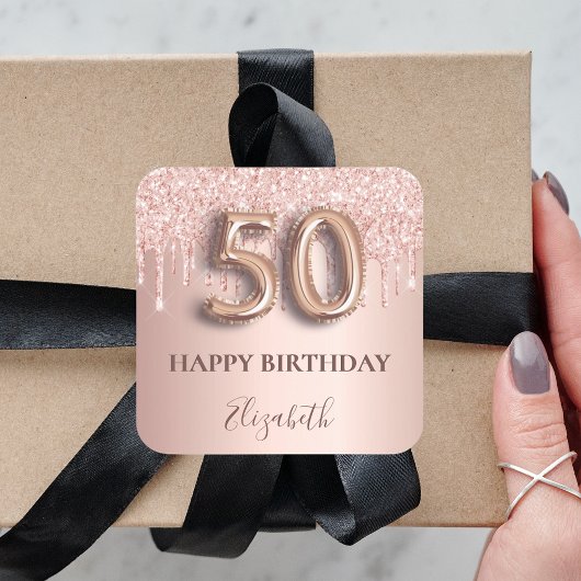 50歳の誕生日ピンクのバラの金ゴールド スクエアシール