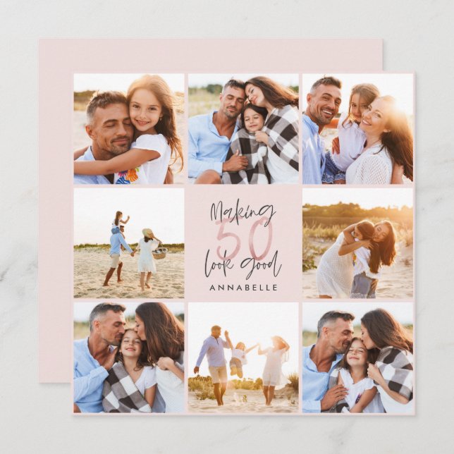 50歳の誕生日ピンクの女の子らしいグリッター写真コラージュ (正面/裏面)