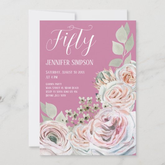 50歳の誕生日ピンクの水彩花の白いテキスト 招待状 (正面)