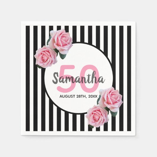 50歳の誕生日ピンクの花ブラックストライプ名 スタンダードカクテルナプキン (正面)