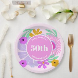50歳の誕生日ピンクの花柄ロマンチックかわいいパーティー ペーパープレート