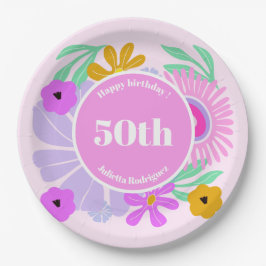 50歳の誕生日ピンクの花柄ロマンチックかわいいパーティー ペーパープレート
