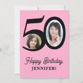 50歳の誕生日ピンクの黒い写真パーソナライズされた カード (正面)